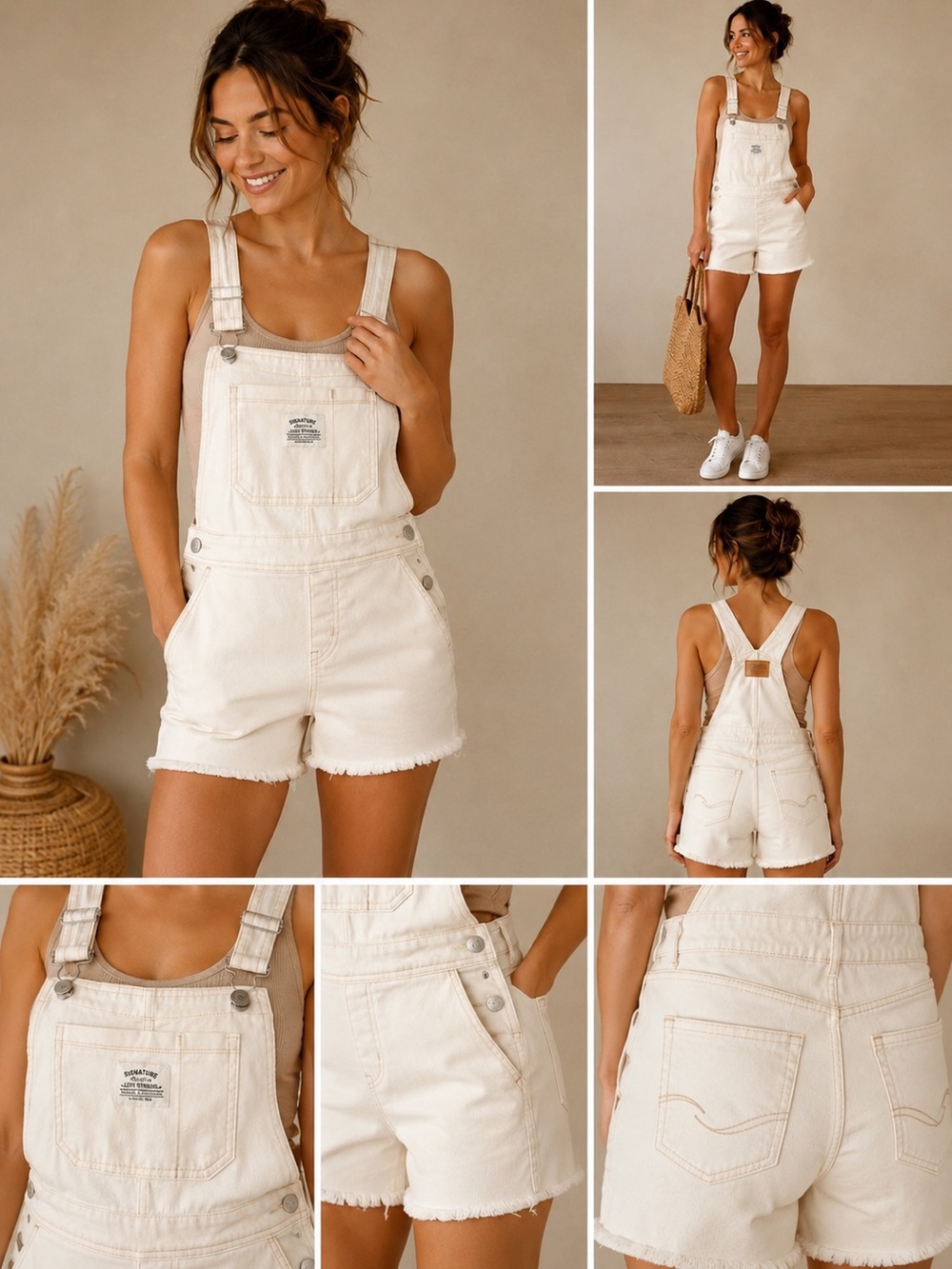 Signature by Levi Strauss Ivory Raw Hem Short Overalls Size M Denim Shortalls